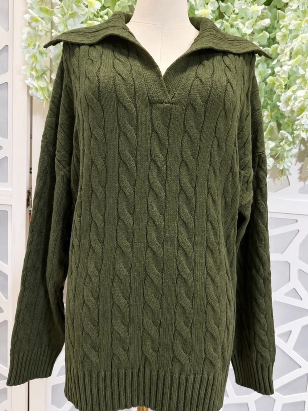 Men's Olive Cable Knit Sweater with Polo Collar